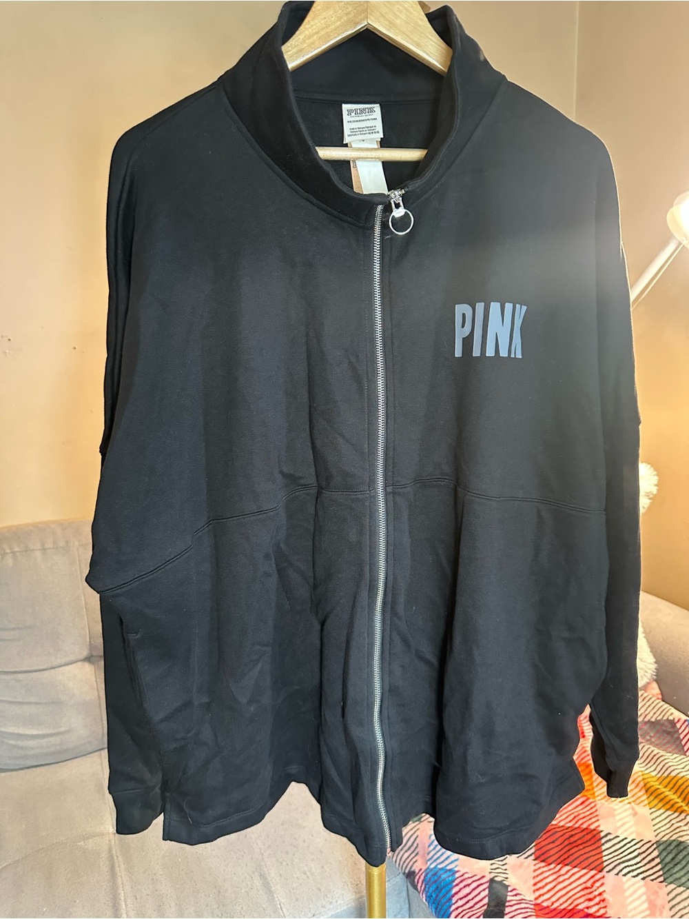 PINK Victoria's Secret Black Zip-Up mockneck jacket with Logo